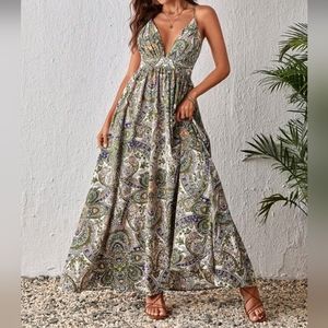 New Flowy Boho Scarf Print Maxi Dress Plunge V Neck Halter Long White Tan Green